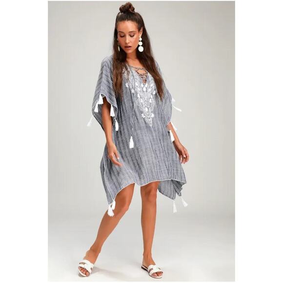 Lulus Womens Portside Blue Embroidered Kaftan Siwm Cover-up Resort Beach Size S - Picture 1 of 10